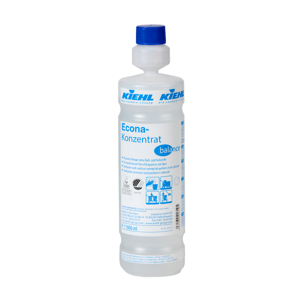 Eine 1-Liter-Kunststoffflasche mit blauem Verschluss und der Aufschrift "Kiehl Econa-Konzentrat balance Allround-Reiniger ohne Duft- und Farbstoffe" der Johannes Kiehl KG. Das hochkonzentrierte Reinigungsmittel verfügt über Verwendungs- und Sicherheitshinweise mit Piktogrammen auf dem Etikett.