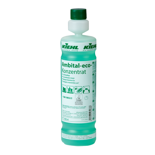 Eine Flasche Kiehl Ambital-eco-Konzentrat Eco-Wischpflege der Johannes Kiehl KG, ein grünes, umweltfreundliches Reinigungskonzentrat mit deutscher Beschriftung, Anwendungshinweisen und Öko-Symbolen auf der Vorderseite.