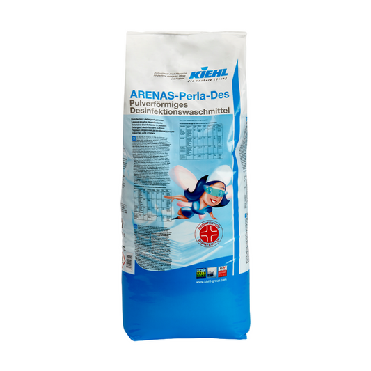 Ein weiß-blauer 15-kg-Sack mit der Aufschrift "Kiehl ARENAS-Perla-Des pulverförmigen Desinfektionswaschmittels" der Johannes Kiehl KG, mit Text und Comic-Figur - ideal für die hygienische Reinigung mit diesem effektiven Pulverwaschmittel.