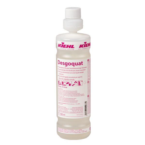 Eine weiße 1-Liter-Kunststoffflasche mit Schraubverschluss der Johannes Kiehl KG mit der Aufschrift "Kiehl Desgoquat Aldehydfreies flüssiges Desinfektionsreiniger-Konzentrat" ist mit rosa und weißem Text, Symbolen, Anweisungen und Warnhinweisen versehen.
