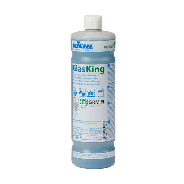 Eine 1-Liter-Flasche des Kiehl GlasKing Fenster-, Glas- und Allzweckreinigers der Johannes Kiehl KG mit tealfarbenem Etikett, weißem Verschluss und umweltfreundlichen, recycelbaren Symbolen.