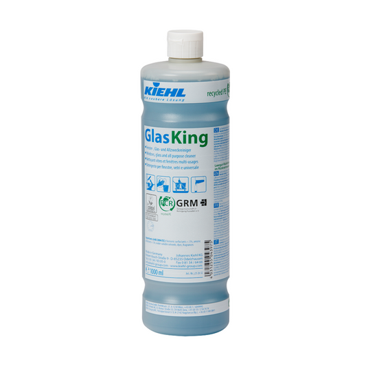 Eine 1-Liter-Flasche des Kiehl GlasKing Fenster-, Glas- und Allzweckreinigers der Johannes Kiehl KG mit tealfarbenem Etikett, weißem Verschluss und umweltfreundlichen, recycelbaren Symbolen.