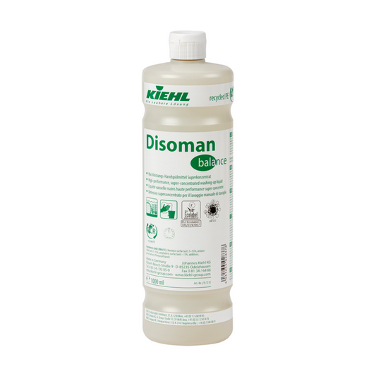 Eine 1-Liter-Flasche aus weißem Kunststoff mit Schraubverschluss der Johannes Kiehl KG mit der Aufschrift "Kiehl Disoman Hochleistungs-Handspülmittel Superkonzentrat", mit grüner und blauer Schrift, Recycling-Symbolen und mehrsprachiger Produktinformation.