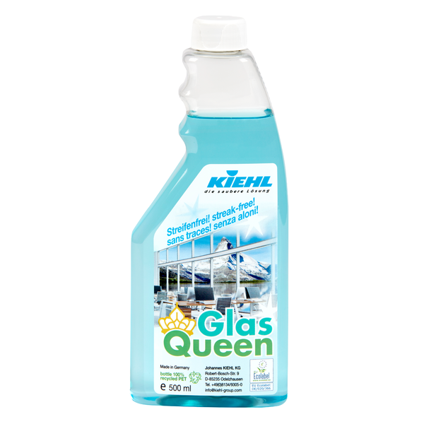 Die 500-ml-Flasche Kiehl GlasQueen Glas- und Oberflächenreiniger der Johannes Kiehl KG hat eine blaue Flüssigkeit, einen weißen Verschluss und ein Etikett mit sauberen Fenstern, das eine streifenfreie Reinigung für mehrere Oberflächen mit zweisprachigem Text bietet.