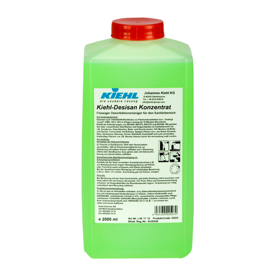 Für hygienische Sauberkeit im Sanitärbereich sorgt die grüne 2-Liter-Kunststoffflasche Kiehl Desisan Konzentrat Flüssiger säurefreier Desinfektionsreiniger der Johannes Kiehl KG mit weißem Etikett und deutscher Anleitung.