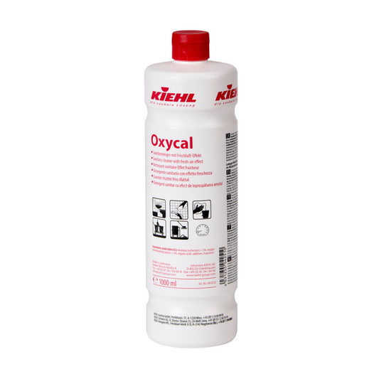 Die weiße 1-Liter-Flasche Johannes Kiehl KG Oxycal Sanitärreiniger mit Frischluft-Effekt hat einen roten Verschluss, ein deutsches Etikett mit Anwendungssymbolen für hygienisch saubere Oberflächen, klare Anweisungen und das Kiehl-Logo auf der Oberseite.