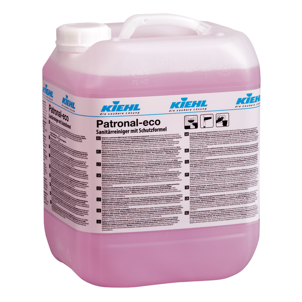 Large transparent container with a handle, filled with pink liquid. The label shows "Kiehl Patronal-eco sanitary cleaner with protective formula" by Johannes Kiehl KG, lists multilingual instructions, and emphasizes thorough cleaning.