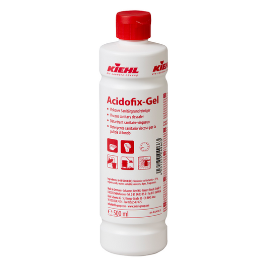 Die weiße 500-ml-Kunststoffflasche des Johannes Kiehl KG Acidofix-Gel Viskoser Sanitär-Grundreiniger verfügt über eine rote Kappe und ein Etikett mit mehrsprachigen Anweisungen und Symbolen zur Entfernung von Kalkablagerungen. Verkauft in Kartons mit 12 Flaschen.