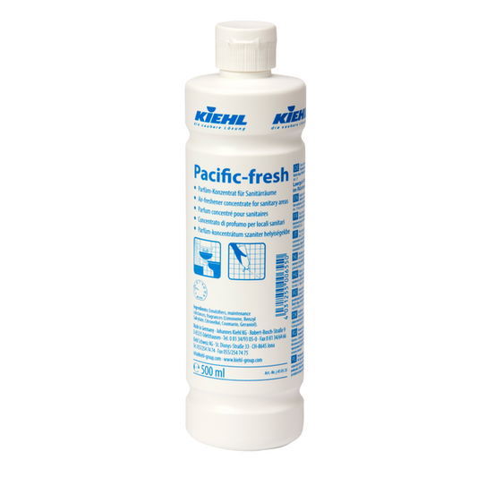 Weiße 500-ml-Kunststoffflasche Kiehl Pacific-fresh Parfüm-Konzentrat für Sanitärräume der Johannes Kiehl KG mit Geruchsneutralisation, langanhaltendem Duft, blauem Text auf dem Etikett und weißem Verschluss. Erhältlich in Kartons mit 12 Flaschen.