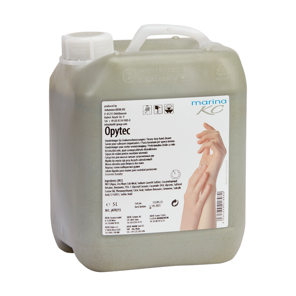 Ein 5-Liter-Kunststoffbehälter des Opytec Handreinigers für Grobverschmutzungen der Johannes Kiehl KG mit einem Pumpgriff und einem Etikett mit Produkt- und Markendetails sowie einem Handwaschbild - ideal für die effektive Reinigung von grobem Schmutz.