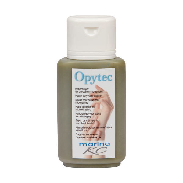 Eine Kunststoffflasche der Johannes Kiehl KG mit weißem Deckel und der Aufschrift Kiehl Opytec Handreiniger für Grobverschmutzungen" trägt ein mehrsprachiges marina KC"-Etikett auf hellem Grund.