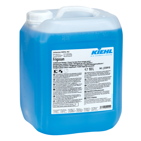 A 10-liter canister of Kiehl Frigosan freezer room cleaner from Johannes Kiehl KG, filled with blue, translucent liquid. The label contains instructions, warnings, and multilingual information.