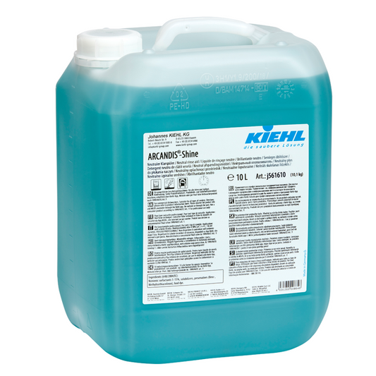 Ein 10-Liter-Behälter aus durchsichtigem Kunststoff mit blauer Flüssigkeit "Kiehl ARCANDIS-Shine Neutraler Klarspüler" der Johannes Kiehl KG für Geschirrspüler, sorgt für streifenfreien Glanz. Mehrsprachige Anleitung und Warnhinweise inklusive.