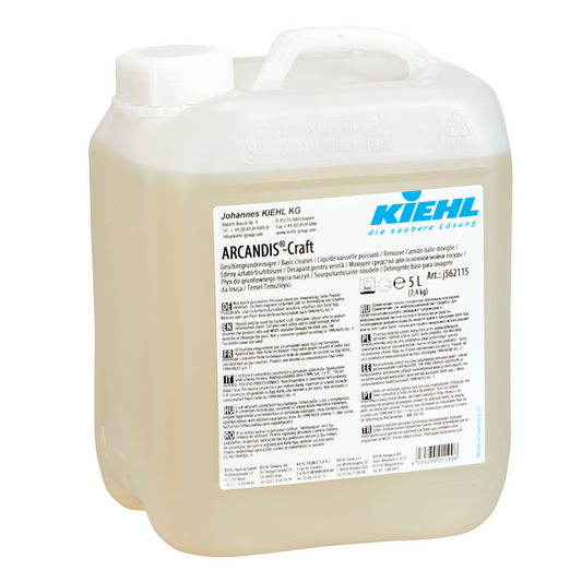 Ein transluzenter 5-Liter-Behälter Kiehl ARCANDIS-Craft Geschirrgrundreiniger der Johannes Kiehl KG mit weißem Schraubverschluss und Produktetikett, geeignet für gewerbliche Geschirrspüler in der Gastronomie; geliefert im Karton mit 2 Flaschen.