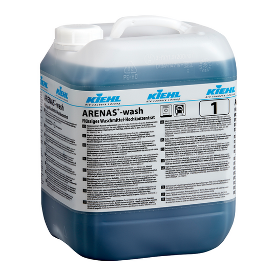 Ein 10-Liter-Kunststoffbehälter von Kiehl ARENAS-wash Flüssiges Alleinwaschmittel der Johannes Kiehl KG, mit blauer Flüssigkeit und mehrsprachigem Etikett. Diese phosphatfreie Formel sorgt für eine effektive Fleckenentfernung.