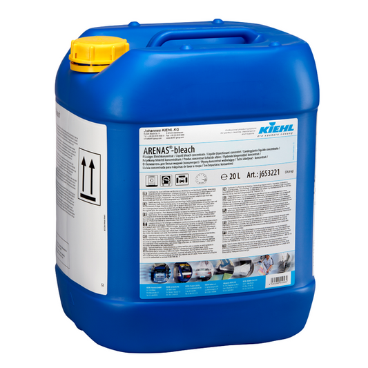 Ein blauer 20-Liter-Kunststoffkanister mit gelbem Deckel und der Aufschrift "Kiehl ARENAS-bleach Flüssiges Bleich-Konzentrat" der Johannes Kiehl KG; auf der Vorderseite sind Gebrauchsanweisungen, Warnhinweise und Reinigungsanwendungen angegeben.
