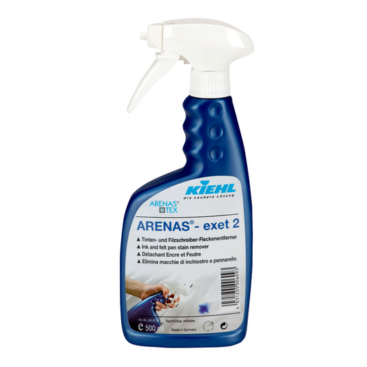 Eine 500-ml-Flasche Johannes Kiehl KG ARENAS-exet 2 Tinten- und Filzschreiber-Fleckenentferner ist mit einem weißen Sprühkopf und einem blauen, mehrsprachigen Etikett versehen und in einem Karton mit 6 Flaschen erhältlich.