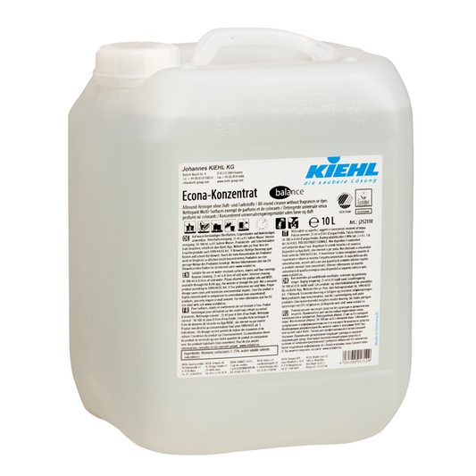 10-Liter-Behälter aus klarem Kunststoff mit Kiehl Econa-Konzentrat balance Allround-Reiniger ohne Duft- und Farbstoffe der Johannes Kiehl KG, mit weißem Etikett mit Produktinformation, Sicherheitshinweisen und Branding in schwarzer und blauer Schrift.