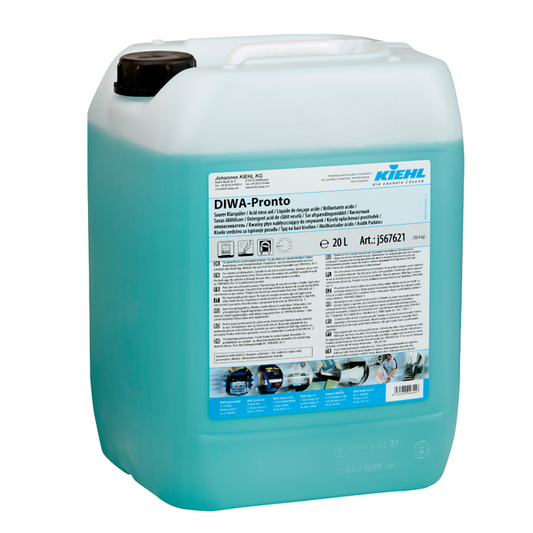 Ein 20-Liter-Transluzenzbehälter der Johannes Kiehl KG enthält blaue Kiehl DIWA-Pronto Saurer Klarspüler für gewerbliche Spülmaschinen; das mehrsprachige Etikett trägt oben rechts das Kiehl-Logo.