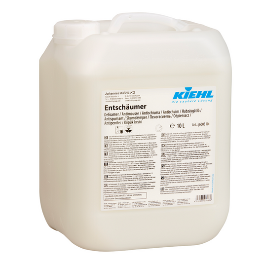 Ein 10-Liter-Kunststoffbehälter von Kiehl Entschäumer zur Schaumreduzierung der Schmutzflotte der Johannes Kiehl KG; auf dem weißen Etikett sind Produktangaben, Sicherheitssymbole und oben rechts ein blaues Kiehl-Logo zu sehen.