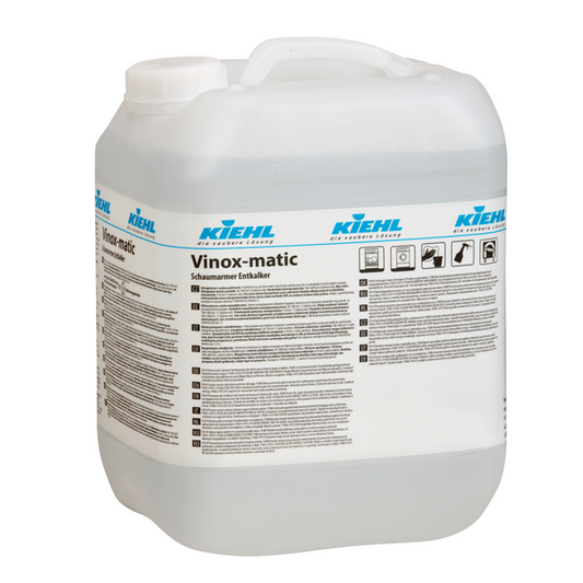 Großer, transparenter 10-Liter-Kanister "Kiehl Vinox-matic Schaumarmer Entkalker" der Johannes Kiehl KG mit weißem Schraubverschluss und klarer Flüssigkeit. Mit ausführlicher Anleitung und Sicherheitshinweisen - ein professioneller Entkalker für die effektive Reinigung.