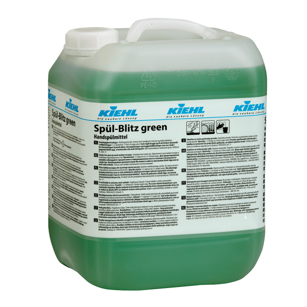 A large plastic bottle with Kiehl Spül-Blitz green hand dishwashing detergent from Johannes Kiehl KG, an environmentally friendly, biodegradable dishwashing detergent with a screw cap, handle, and detailed instructions on the label.