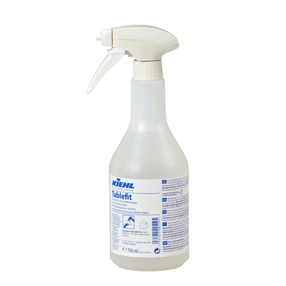 The white 750 ml spray bottle of Kiehl Tablefit plastic and desk cleaner from Johannes Kiehl KG is equipped with blue lettering, a spray head, and instructions on the label.