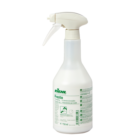 Weiße 750-ml-Sprühflasche Kiehl Presto Möbelpflege der Johannes Kiehl KG mit grüner Schrift und Gebrauchsanweisung zur Reinigung und Pflege von Holz- und Kunststoffoberflächen, mit weißer Sprühdüse.
