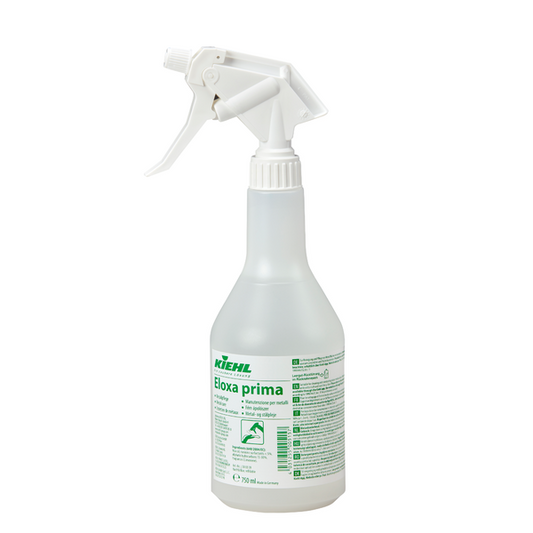 Transparente Kunststoff-Sprühflasche "Kiehl Eloxa prima Metallpflege 750 ml" der Johannes Kiehl KG mit weißer Sprühdüse und grüner Aufschrift zur Reinigung und Pflege von Metalloberflächen; auch als Karton mit 6 Flaschen erhältlich.
