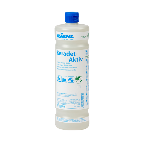 Weiße Kunststoffflasche der Johannes Kiehl KG Kiehl Keradet-Aktiv Alkohol-Universal-Reiniger mit blauem Verschluss und deutschem Etikett mit Anwendungssymbolen und Reinigungshinweisen - ideal für alle Oberflächen.