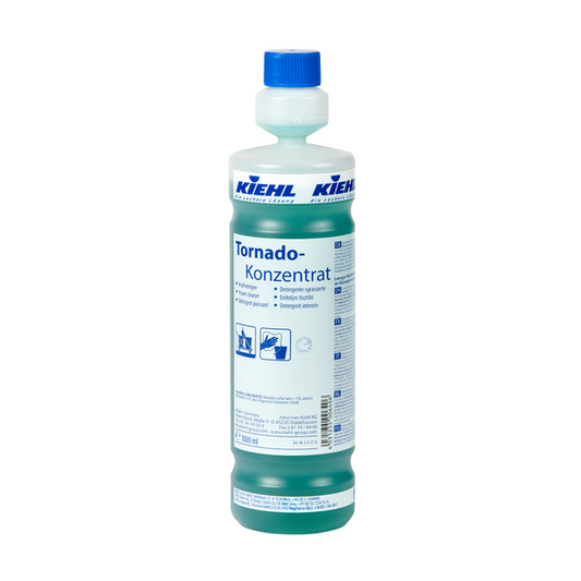 Eine 1-L-Flasche Kiehl Tornado-Konzentrat Kraftreiniger der Johannes Kiehl KG mit blauem Verschluss und grüner Flüssigkeit. Auf dem Etikett befinden sich Produktinformationen, Piktogramme und Hinweise in deutscher Sprache. Erhältlich in Kartons mit 6 Flaschen.