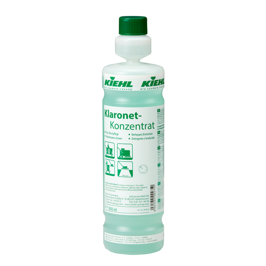 Kiehl Klaronet-Konzentrat Klar-Wischpflege der Johannes Kiehl KG in der weißen 1-Liter-Kunststoffflasche mit grüner Kappe und Etikett mit deutscher Anleitung und Anwendungssymbolen. Ideal für die Reinigung glänzender Böden. Erhältlich in Kartons mit 6 Flaschen.