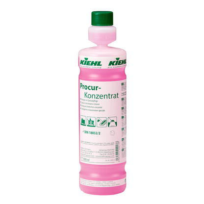 A pink plastic bottle from Johannes Kiehl KG Kiehl Procur Concentrate Cleaner with special care with a green cap and label, displaying instructions and symbols for cleaning sensitive surfaces.