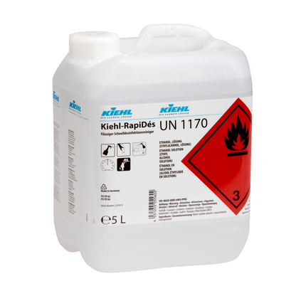 A 5-liter Kiehl RapiDés liquid rapid disinfection cleaner from Johannes Kiehl KG for quick cleaning and disinfection, with flammability warning, chemical information, and safety symbols on the front.