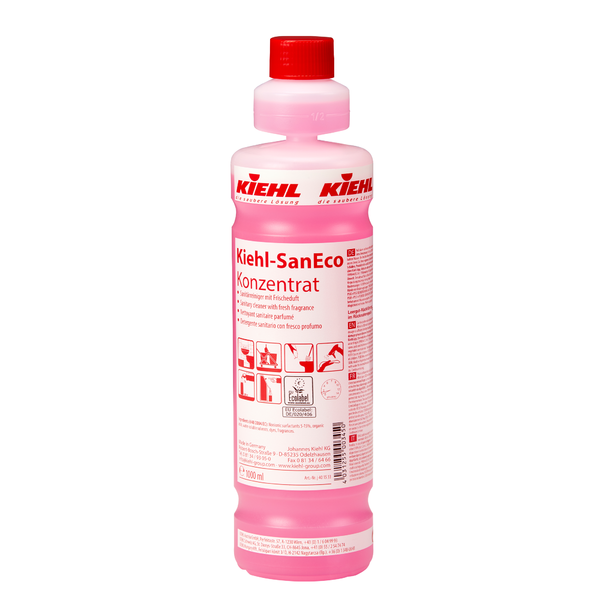 Eine rosafarbene 1-Liter-Plastikflasche Kiehl SanEco Konzentrat Sanitärreiniger mit Frischeduft der Johannes Kiehl KG mit rotem Verschluss, rot-weißem Etikett mit Piktogrammen und Anwendungshinweisen auf der Vorderseite.