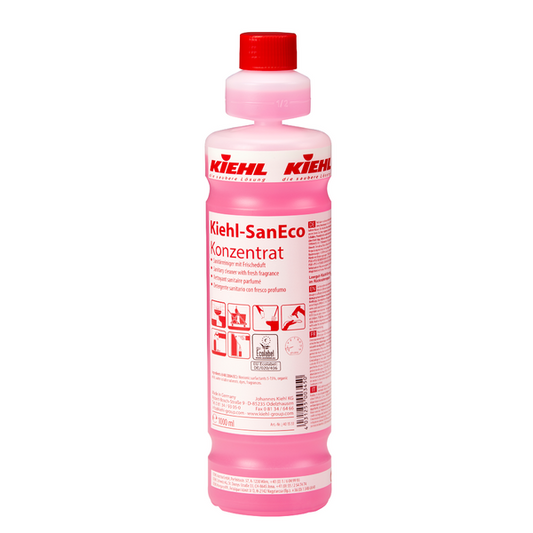 Eine rosafarbene 1-Liter-Plastikflasche Kiehl SanEco Konzentrat Sanitärreiniger mit Frischeduft der Johannes Kiehl KG mit rotem Verschluss, rot-weißem Etikett mit Piktogrammen und Anwendungshinweisen auf der Vorderseite.