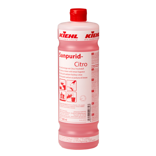 Die 1-Liter-Flasche Kiehl Sanpurid-Citro Sanitärreiniger mit Citrus-Frischeduft der Johannes Kiehl KG hat einen roten Verschluss, ein weißes Etikett mit roter Schrift, Piktogramme zur sicheren Anwendung und eine rosafarbene Flüssigkeit mit erfrischendem Citrus-Duft.