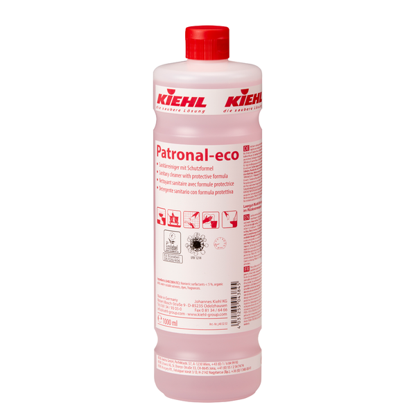 Eine 1-Liter-Flasche Johannes Kiehl KG Kiehl Patronal-eco Sanitärreiniger mit Schutzformel mit rotem Verschluss und rot-weißem Etikett mit mehrsprachiger Anleitung. Enthält hellrosa Flüssigkeit zur gründlichen Reinigung.