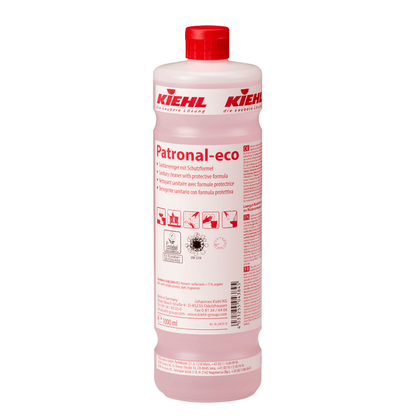 A 1-liter bottle of Johannes Kiehl KG Kiehl Patronal-eco sanitary cleaner with protective formula with a red cap and red-white label with multilingual instructions. Contains light pink liquid for thorough cleaning.