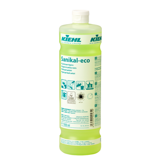 Die 1-Liter-Kunststoffflasche Kiehl Sanikal-eco Sanitärraum-Hygiene der Johannes Kiehl KG enthält eine grünliche Flüssigkeit und ist mit einem Etikett mit Produktinformationen, effektiven Reinigungstipps, Sanitärraum-Hygiene-Symbolen und einer Gebrauchsanweisung für das Badezimmer versehen.