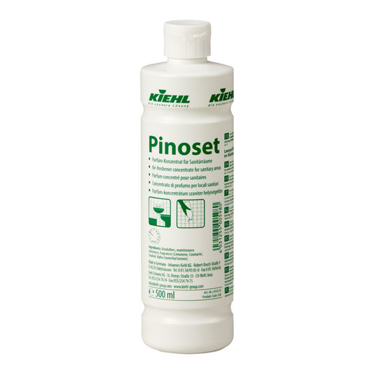 Johannes Kiehl KG Kiehl Pinoset Parfüm-Konzentrat für Sanitärräume in der weißen 500-ml-Flasche mit grünem Etikett - ideal für Sanitärräume und zur effektiven Geruchsneutralisation. Erhältlich in einem Karton mit 12 Flaschen.