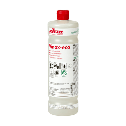 A white 1-liter plastic bottle with the inscription "Kiehl Xon-forte Foam Cleaner for the Food Sector" by Johannes Kiehl KG, with multilingual text and certification symbols - ideal for professional cleaning in the food sector.