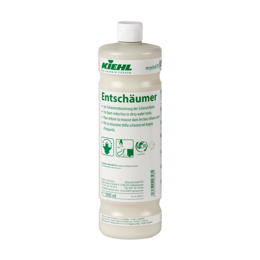 Eine weiße 1-Liter-Kunststoffflasche mit der Aufschrift "Kiehl Entschäumer zur Schaumreduzierung der Schmutzflotte" der Johannes Kiehl KG, die zur Schaumreduzierung in Schmutzwassertanks verwendet wird; das grüne Etikett enthält eine mehrsprachige Anleitung.