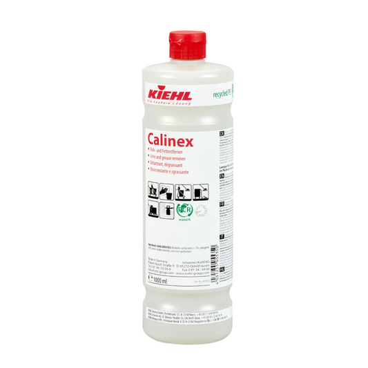 Eine weiße Kunststoffflasche von Johannes Kiehl KG Kiehl Calinex Kalk- und Fettentferner mit roter Kappe, Produktetikett, Anwendungssymbolen und mehrsprachigem Text auf der Vorderseite.
