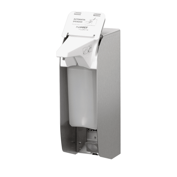 The Johannes Kiehl KG Kiehl Ophardt IMP E E Touchless Soap Dispenser for 500 ml EURO bottles made of stainless steel with a white plastic lid and operating instructions on the opened lid facilitates touchless use. Includes battery, 1 piece.