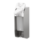 The Johannes Kiehl KG Kiehl Ophardt IMP E E Touchless Soap Dispenser for 500 ml EURO bottles made of stainless steel with a white plastic lid and operating instructions on the opened lid facilitates touchless use. Includes battery, 1 piece.