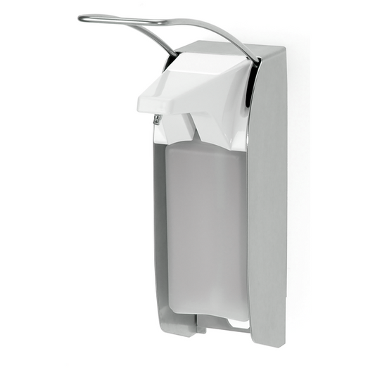 Der Kiehl Ophardt ingo-man plus IMP TLS E/24 ist ein wandmontierter Seifen- und Desinfektionsmittelspender aus Edelstahl mit langem Hebel, für KIEHL Euroformat Rechteckflaschen, transluzentem Behälter und digitalem Hubzähler. Marke: Johannes Kiehl KG.