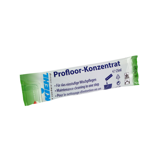 Ein 25-ml-Beutel Kiehl Profloor-Konzentrat Für das einstufige Wischpflegen der Johannes Kiehl KG mit deutschem, englischem und französischem Text, grün/blau/weißem Branding und Icons für Wischpflege-Anwendung und Sicherheitshinweise.
