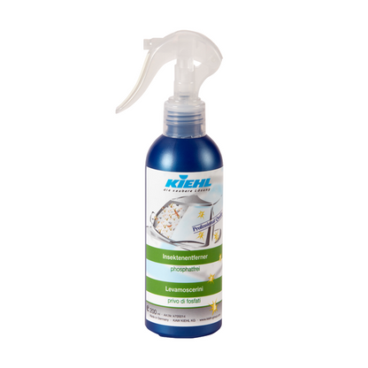 The Kiehl insect remover from Johannes Kiehl KG is a blue and white 200 ml spray bottle with a transparent trigger. The label features cars and insects, designed for effective insect protection as an insect remover for cars.