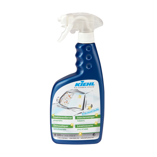 Die blaue Sprühflasche von Johannes Kiehl KG Kiehl Insektenentferner mit weißem Auslöser und mehrsprachigem Etikett, auf dem eine Autoscheibe abgebildet ist, bietet wirksamen Insektenschutz für Ihr Fahrzeug.
